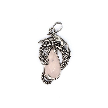 Natural Rose Quartz Brass Pendants, Flying Dragon Charms with Faceted Teardrop Gems, Antique Silver, 38x22x6mm