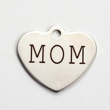 Stainless Steel Family Theme Heart Pendants, with Word Mom, Stainless Steel Color, 21x24x1mm, Hole: 2mm