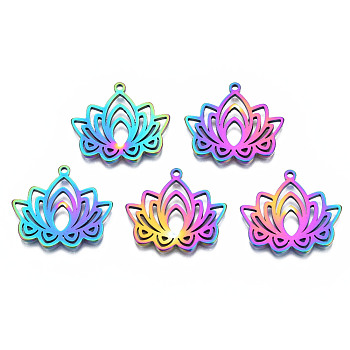 Ion Plating(IP) 201 Stainless Steel Pendants, Lotus, Rainbow Color, 22x24.5x1.5mm, Hole: 1.5mm