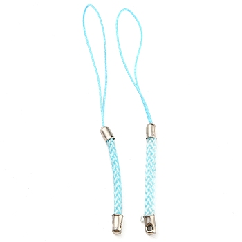 Polyester Cord Mobile Straps, with Platinum Plated Iron Findings, Cyan, 8~9cm