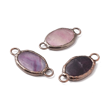 Natural Fluorite Connector Charms, with Red Copper Tone Brass Findings, Oval, Cadmium Free & Lead Free, 44~45.5x22.5~23x6~6.5mm, Hole: 5mm