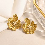 304 Stainless Steel Stud Earrings, with Plastic Pearl, Flower, Golden, 27.5x24mm(EJEW-E613-01G)
