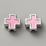 Alloy Enamel Beads, Cross, Platinum, Pink, 8x7.5x3.5mm, Hole: 1.7mm(FIND-WH00670-A19-06)