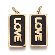 316 Surgical Stainless Steel Pendants, with  Acrylic, Rectangle with Word Love, for Valentine's Day Jewelry, Black, Golden, 16.5x8x2mm, Jump Ring: 4x0.6mm, 2.8mm Inner Diameter(STAS-H100-55G)