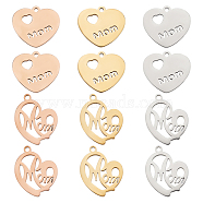 PandaHall Elite 12Pcs 2 Style Ion Plating(IP) 304 Stainless Steel Pendants, Heart with Word Mom, for Mother's Day, Mixed Color, 18~19x17~20x1.5mm, Hole: 1.6mm, 6pcs/style(STAS-PH0003-98)