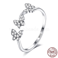 Rhodium Plated 925 Sterling Silver Cuff Rings, Open Rings, with Cubic Zirconia, Butterfly, Clear, Platinum(RJEW-BB66961)