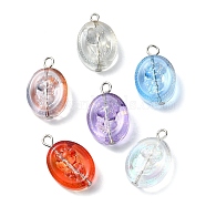 Transparent Glass Pendants, with Platinum Tone Iron Loops, Oval Charm, Mixed Color, 23x15x8mm, Hole: 3mm(PALLOY-JF02471)