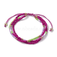 Adjustable Glass Seed Beaded Triple Layer Multi-strand Bracelet, Nylon Cord Braided Bead Bracelets, Magenta, Inner Diameter: 2-3/8~3-1/2 inch(5.9~8.9cm)(BJEW-MZ00048-01)
