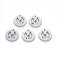 Non-Tarnish 304 Stainless Steel Pendants, Laser Cut, Flat Round with Family, Stainless Steel Color, 15.5x1mm, Hole: 1.2mm(STAS-N092-34)