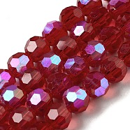 Electroplate Transparent Glass Beads Strands, Faceted, Round, Rainbow Plated, Dark Red, 8mm, Hole: 1mm, about 66~69pcs/strand, 19.29~19.57 inch(49~49.7cm)(EGLA-A035-T8mm-L07)