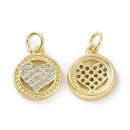 Brass Micro Pave Cubic Zirconia Charms, Real 18K Gold Plated, with Jump Ring, Flat Round with Heart, Clear, 13x10x2mm, Jump Ring: 5x0.8mm, Inner Diameter: 3.2mm(KK-E068-VF034)