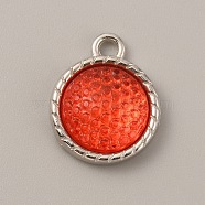 Plastic Pendants, July Birthstone Charms, with Alloy Cabochon Settings, Flat Round, Orange Red, 18.5x15x5mm, Hole: 2.5mm(FIND-TAC0014-75L)