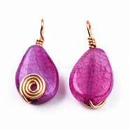 Natural Agate Pendants, with Light Gold Plated Brass Findings, Teardrop Charm, Dyed & Heated, Medium Violet Red, 27~29x12.5~13.5x6~7mm, Hole: 4mm(G-N326-137-01)