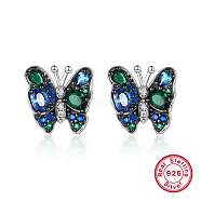 Rhodium Plated Sterling Silver Butterfly Stud Earrings, with Cubic Zirconia, with 925 Stamp, Green, 12x11mm(AF4657)