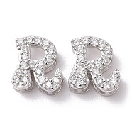925 Sterling Silver Micro Pave Cubic Zirconia Beads, Real Platinum Plated, Letter R, 9x8x3.5mm, Hole: 2.5x1.5mm(STER-Z005-15P-R)