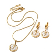 Flower Golden 304 Stainless Steel Jewelry Set with Enamel, Dangle Hoop Earrings and Pendant Necklace, White, Necklaces: 402mm; Earring: 33x16mm(SJEW-H306-01G-01)