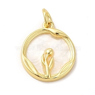Rack Plating Brass with Plastic Pendants, Real 18K Gold Plated, Flat Round with Tulip, Lead Free & Cadmium Free, Tulip Pattern, 20x17.5x3mm, Hole: 4.5mm(KK-G459-01G-03)