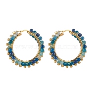 Natural Agate Beaded Hoop Earrings, 304 Stainless Steel Wire Wrap Jewelry for Women, Golden, Teal, 43x43.5x9mm, Pin: 1.1x0.6mm(EJEW-JE04847-02)