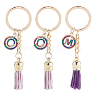 WADORN Alloy Colorful Rhinestone Keychain, with Key Rings and Wool Tassel Pendants, Light Gold, Flat Round with Letter M & Letter O, Mixed Color, 88~9cm, 3pcs/box(KEYC-WR0001-24)