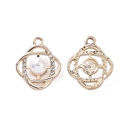 Alloy Rhinestone Pendants, with ABS Plastic Imitation Pearl Beads, Flower Charm, Light Gold, 21.5x17.5x8mm, Hole: 2.5mm(ALRI-C008-70LG)