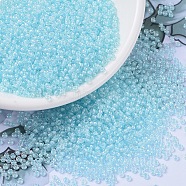 MIYUKI Round Rocailles Beads, Japanese Seed Beads, (RR220) Aqua Mist Lined Crystal, 11/0, 2x1.3mm, Hole: 0.8mm, about 5500pcs/50g(SEED-X0054-RR0220)