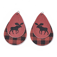Christmas Theme PU Leather Big Pendants, with Platinum Tone Iron Jump Ring, teardrop, with Christmas Reindeer/Stag, Red, 56.5x37x3mm, Hole: 5mm(FIND-R080-01)