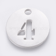 304 Stainless Steel Pendants, Cut-Out, Hollow, Flat Round with Number, Stainless Steel Color, Num.4, 19x1.5mm, Hole: 2.5mm(X-STAS-F233-04-P)