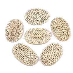 Handmade Reed Cane/Rattan Woven Beads, For Making Straw Earrings and Necklaces, No Hole/Undrilled, Oval, Antique White, 55~65x40~45x4~6mm(X-WOVE-T006-087)