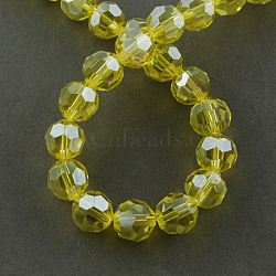 Faceted(32 Facets) Electroplate Glass Bead Strands, Pearl Luster Plated, Round, Yellow, 8x7mm, Hole: 1mm, 67~69pcs/strand, 19.29~19.69 inch(X-EGLA-R015-8mm-26)