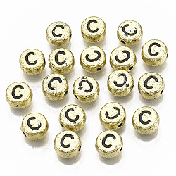 Plating Acrylic Beads, Horizontal Hole, Flat Round with Letter, Golden Plated, Black, Letter.C, 7x4mm, Hole: 1.2mm.(X-PACR-CD0001-C)
