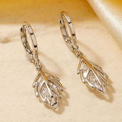 Chic Mini Leaf Brass Hoop Earrings, with Clear Cubic Zirconia, Silver, 31x8mm(KE0855-1)