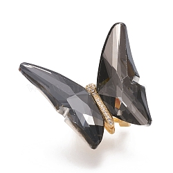 Brass Micro Pave Clear Cubic Zirconia Brooches, with Faceted Glass and Cardboard Boxes, Back Plated, Butterfly, Golden, Black, 43x45x26mm, Pin: 0.8mm(JEWB-L012-L-A01)