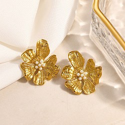 304 Stainless Steel Stud Earrings, with Plastic Pearl, Flower, Golden, 27.5x24mm(EJEW-E613-01G)