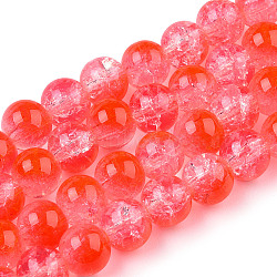 Transparent Crackle Baking Painted Glass Beads Strands, Imitation Opalite, Round, Orange Red, 8.5x7.5mm, Hole: 1.5mm, about 107~109pcs/strand, 30.71 inch~31.30 inch(78~79.5cm)(X1-DGLA-T003-01A-12)