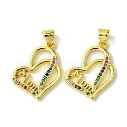 Mother's Day Brass Micro Pave Cubic Zirconia Pendants, Heart with Word Mom, Real 18K Gold Plated, 22x17x2.5mm, Hole: 5mm(KK-H472-10G-01)