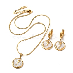 Flower Golden 304 Stainless Steel Jewelry Set with Enamel, Dangle Hoop Earrings and Pendant Necklace, White, Necklaces: 402mm; Earring: 33x16mm(SJEW-H306-01G-01)