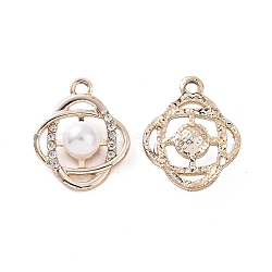 Alloy Rhinestone Pendants, with ABS Plastic Imitation Pearl Beads, Flower Charm, Light Gold, 21.5x17.5x8mm, Hole: 2.5mm(ALRI-C008-70LG)