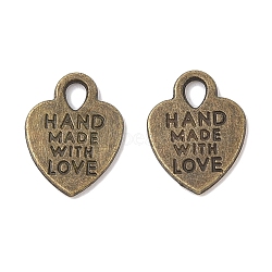 Tibetan Style Alloy Heart Charms, with Phrase Hand Made with Love, For Valentine's Day, Cadmium Free & Nickel Free & Lead Free, Antique Bronze, 15x12x1mm, Hole: 2.5mm(X-TIBEP-Q035-07AB-NR)