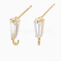 Brass Stud Earring Findings, with Loop, Real 18K Gold Plated, with Cubic Zirconia, Clear, 10x3mm, Hole: 1mm, Pin: 0.7mm(X-KK-S348-118)