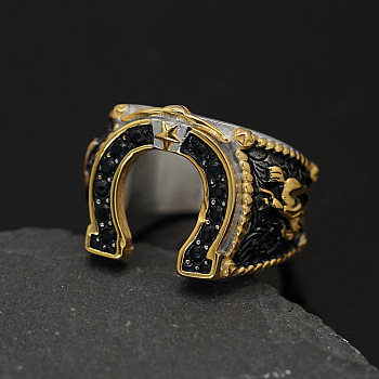 304 Stainless Steel Micro Pave Cubic Zirconia Finger Rings, Horseshoes, Black, US Size 8(18.1mm)