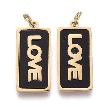 316 Surgical Stainless Steel Pendants, with  Acrylic, Rectangle with Word Love, for Valentine's Day Jewelry, Black, Golden, 16.5x8x2mm, Jump Ring: 4x0.6mm, 2.8mm Inner Diameter
