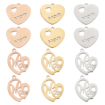 PandaHall Elite 12Pcs 2 Style Ion Plating(IP) 304 Stainless Steel Pendants, Heart with Word Mom, for Mother's Day, Mixed Color, 18~19x17~20x1.5mm, Hole: 1.6mm, 6pcs/style