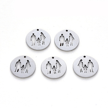 304 Stainless Steel Pendants, Laser Cut, Flat Round with Family, Stainless Steel Color, 15.5x1mm, Hole: 1.2mm