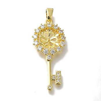 Rack Plating Brass Micro Pave Clear Cubic Zirconia Pendant Settings, Lead Free & Cadmium Free, Long-Lasting Plated, Key, Real 18K Gold Plated, Tray: 7mm,37x16x5mm, Hole: 4x3mm, pin: 1mm