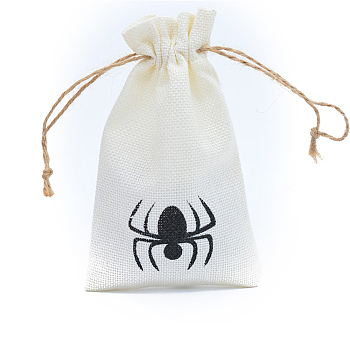 Halloween Burlap Packing Pouches, Drawstring Bags, Rectangle with Spider Pattern, White, 15x10cm