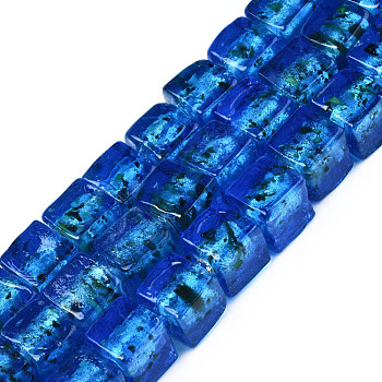 Handmade Silver Foil Lampwork Beads, Cube, Royal Blue, 10~12x10~12x10~12mm, Hole: 1.5mm, about 40pcs/strand, 16.54''(42cm)