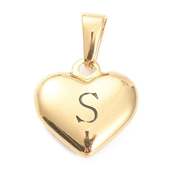 304 Stainless Steel Pendants, Heart with Black Letter, Golden, Letter.S, 16x16x4.5mm, Hole: 7x3mm
