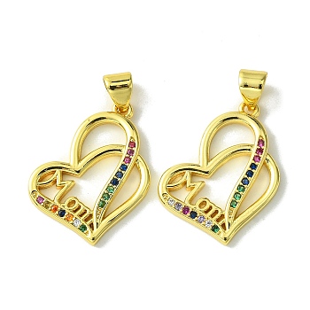 Mother's Day Brass Micro Pave Cubic Zirconia Pendants, Heart with Word Mom, Real 18K Gold Plated, 22x17x2.5mm, Hole: 5mm