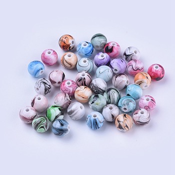 Resin Beads, Round with Wash Painting Pattern, Mixed Color, 7.5~8mm, Hole: 1.6mm, about 100pcs/bag
