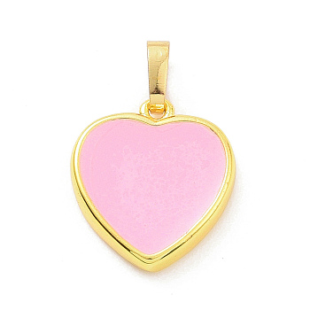 Real 18K Gold Plated Eco-friendly Rack Plating Brass Enamel Pendants, Cadmium Free & Lead Free, Long-Lasting Plated, Heart Charm, Pearl Pink, 17x15x3.5mm, Hole: 3.5x6mm
